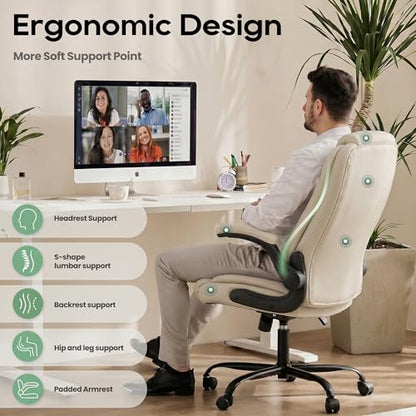 MALOL Leather Office Chair, Home Desk Chair with Flip-up Arms, Beige - color: Beige-new, size: Set of 1