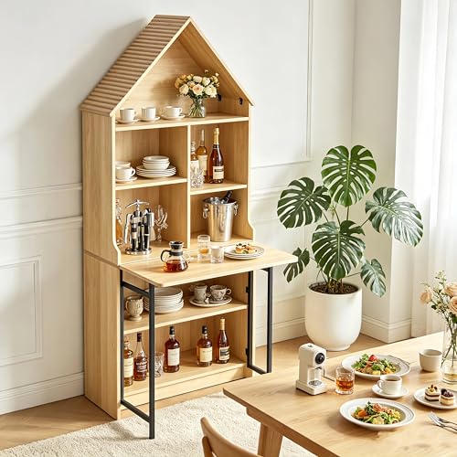 73.22" Folding Craft Desk with Storage Shelves & Hideaway Bookshelf, Wood - color: Brown, size: 31.5"L x 11.42"W x 73.22"H
