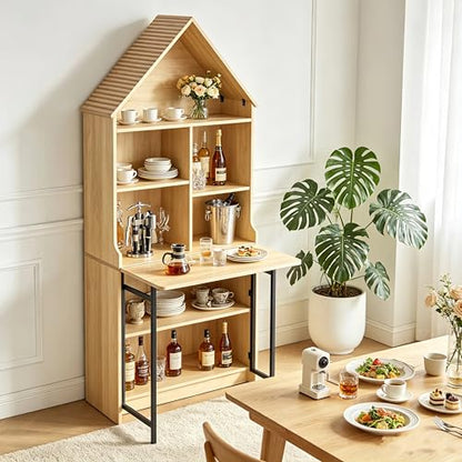 73.22" Folding Craft Desk with Storage Shelves & Hideaway Bookshelf, Wood - color: Brown, size: 31.5"L x 11.42"W x 73.22"H