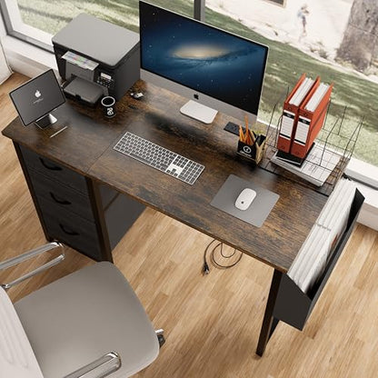47.3" Office Desk with Power Outlet & 3 Drawers - Sturdy Reversible Frame, Side Pocket, Easy Assembly - Home/Office Computer Desk, Gaming Table, Vanity Table (Rustic Brown + MDF+Metal + Modern) - color: Rustic Brown + Mdf+metal + Modern