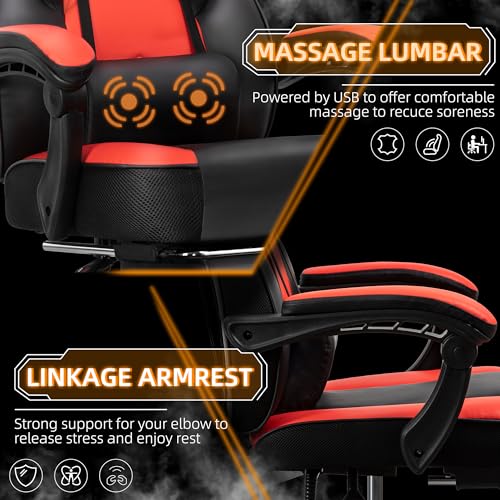 Gaming Chair with Footrest, Massage Lumbar Support, Height Adjustment, and 360° Swivel Seat. Ergonomic Design for Gaming - color: Red