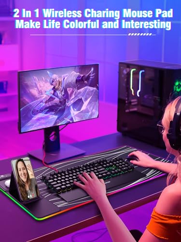 XXL Mouse Pad with Phone Holder - Black, RGB Desk Mat with 15W Fast Charging, LED Gaming Mousepad with 11 Light Colors, Waterproof Non-Slip Pad for Office & Home (Wave) - color: Wave