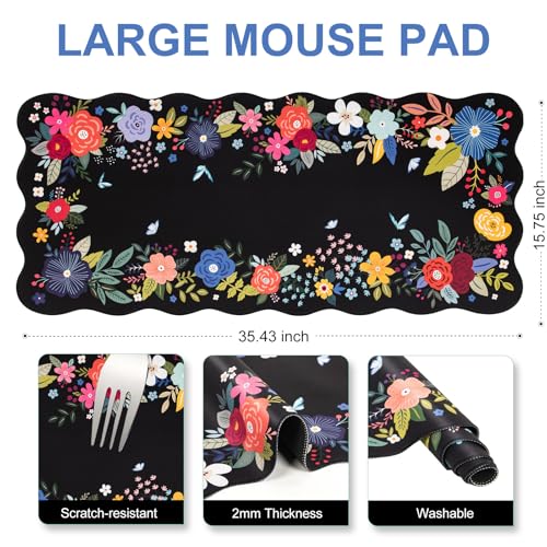 L-SPOUTTO Floral Mouse Pad, Black Scalloped Desk Mat XXL Gaming Mousepad | Botanical Large 35.4x15.7in Non-Slip Rubber Base Keyboard Pad Waterproof Desktop Mat for Laptop Computer Game Home Office - color: Black Floral