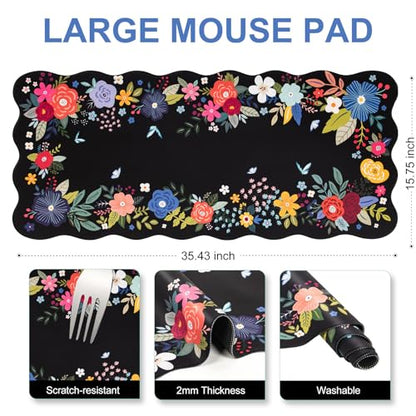 L-SPOUTTO Floral Mouse Pad, Black Scalloped Desk Mat XXL Gaming Mousepad | Botanical Large 35.4x15.7in Non-Slip Rubber Base Keyboard Pad Waterproof Desktop Mat for Laptop Computer Game Home Office - color: Black Floral