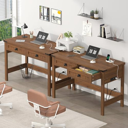 39 Inch Farmhouse Small Computer Desk with Drawers for Bedroom, Home Office - color: Brown