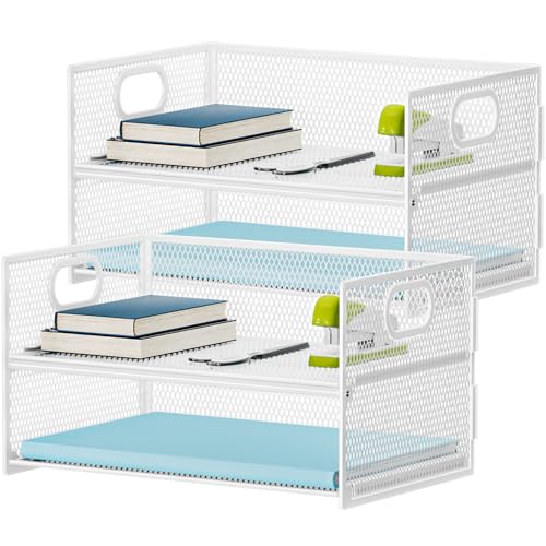Marbrasse 2 Tier Paper Organizer Letter Tray, Mesh File Organizer with Handle, Paper Sorter Desk Organizer for Home Office Supplies - 2P White - color: White 2-pack