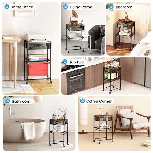 Cawukege 3 Tier Printer Stand, Small Mobile Table with Wheels, Printer Shelf Rolling Cart with Storage Desk Organizer Hanging File for Office Home, Brown - color: Brown
