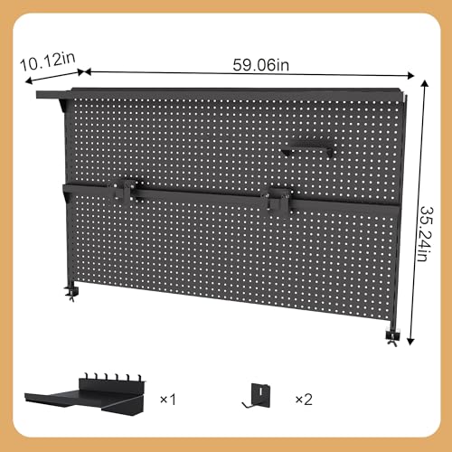 Clamp-On Metal Desk Pegboard with Dual Monitor Stand–No Drilling Needed! 59x35 Inch Steel Privacy Panel with Hooks & Movable Partition, Peg Board Wall Organizer for Gaming & Office - color: Black