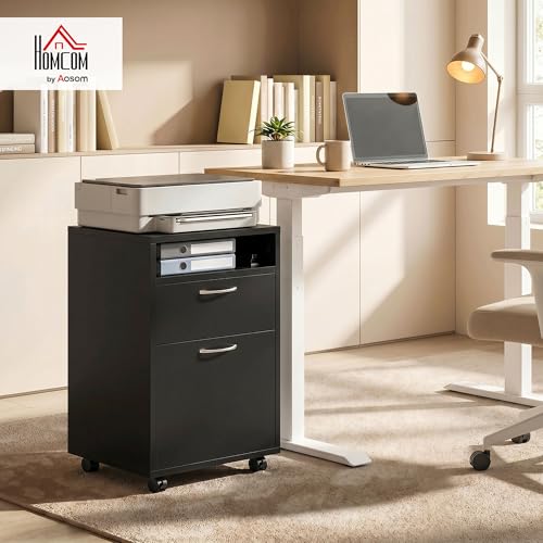 HOMCOM Mobile Storage Cabinet Organizer, Bathroom Drawer Cabinet, Black | Printer Stand, Castors - color: Black