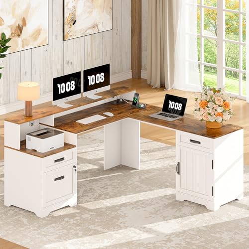 Whalefall 63'' Farmhouse L Shaped Desk with Monitor Stand Shelves, White | Corner Computer Desk with Drawers, Executive Home Office L Desk with File Cabinet Storage and Charging Station - color: White, size: 63''