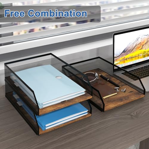 Natwind 3-Tier Stackable Metal Mesh Paper Organizer with Sliding Tray,Retro | Wooden Desk Organizer, Letter Tray For Desktop,File Holder For Home Office School Classroom Organization - size: 3 tier