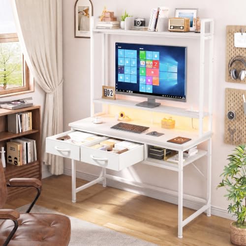 DurayLoly Computer Desk with Monitor Stand, LED Lights,Power Outlet - color: White, size: 18.9"D x 39.4"W x 61.1"H