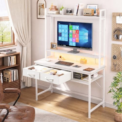 DurayLoly Computer Desk with Monitor Stand, LED Lights,Power Outlet - color: White, size: 18.9"D x 39.4"W x 61.1"H