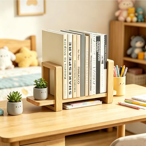 Adjustable Desktop Bookshelf, Wooden Tabletop Bookshelf, Small Desk Shelf for Home, Living Room, Class, Dorm - color: Natural Wood