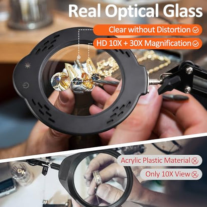 10X 30X Magnifying Glass with Light and Stand, Real Glass Lens Magnifying Lamp, Hands-Free LED Desk Magnifier with 5 Color Modes, 3 Brightness Levels for Crafts, Reading, Sewing, Electronics & Jewelry - color: Base & Clamp