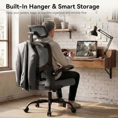 AreShark Ergonomic Office Chair, Desk Chair with Adjustable Lumbar Support | High Back Breathable Mesh Computer Chair with Adjustable Headrest,Hanger,Flip Up Armrest and Rocking Function for Home Office - color: Dark Gray