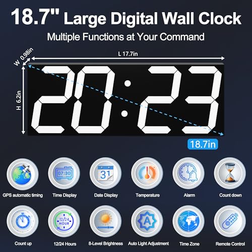 CHKOSDA 18.7 Inch Large Digital Clock with GPS Auto-Sync Time - White | 164ft Visibility, No Wi-Fi, Adjustable Timezone, 8-Level Dimming, Remote, Timer, for Living Room, Office, Classroom, Garage - color: 18.7" Gps Auto-sync Wall Clock-white