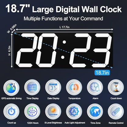 CHKOSDA 18.7 Inch Large Digital Clock with GPS Auto-Sync Time - White | 164ft Visibility, No Wi-Fi, Adjustable Timezone, 8-Level Dimming, Remote, Timer, for Living Room, Office, Classroom, Garage - color: 18.7" Gps Auto-sync Wall Clock-white