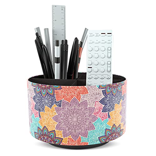 Round Leather Art Supply Organizer,Remote Control Holder,360 Degree Rotating,Multi-Functional Pencil Holder,4 Compartments Desktop Stationary Organizer(1-Colorful Flower) - color: 1-Colorful Flower