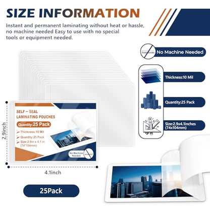 25 Pack 10 Mil 2.9"x4.1" Self Sealing Laminating Pouches Plastic Laminating Sheets Business Card Size Clear Lamination Paper for Office School Home Supplies（Waterproof & No Laminator Need) - size: 2.5x3.5inch