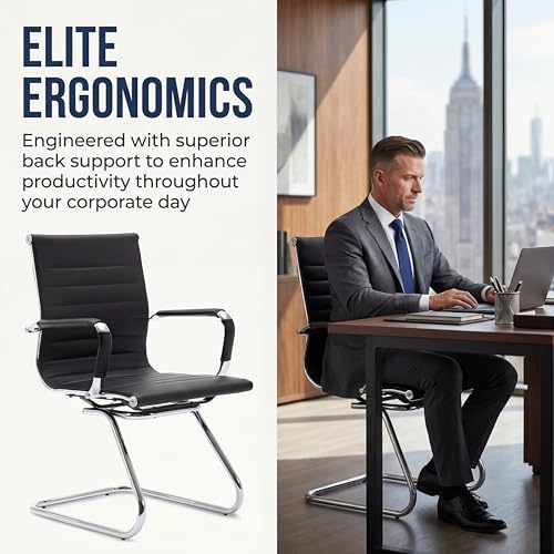 Conference Room Chairs Set of 6, Waiting Room Chairs with Arms, Faux Leather Reception Chairs No Wheels, Office Guest Chairs with Mid Back Support and Chrome Sled Base, Black - color: Black, size: 6PCS