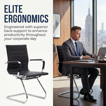 Conference Room Chairs Set of 6, Waiting Room Chairs with Arms, Faux Leather Reception Chairs No Wheels, Office Guest Chairs with Mid Back Support and Chrome Sled Base, Black - color: Black, size: 6PCS