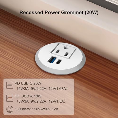 20W USB-C Fast Charge Recessed Power Grommet, 2 inch Flush Mount Desk Outlet with 6.5 FT Extension Cord, Space-Saving Countertop Power Strip for Home Office School Hotel (Pack of 2) - color: White, size: 2 inch 20W (Pack of 2)