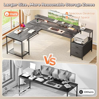 PRAISUN 66" L Shaped Gaming Desk with LED Lights & Power Outlets - color: Grey