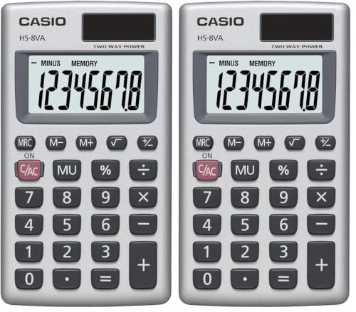 Casio HS-8VA Mini 6-Function Calculator | Large 8-Digit LCD Display | Solar Powered with Battery Backup - Standard Function - Portable Pocket Size, (Pack of 2) - size: 1 Count (Pack of 2)
