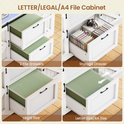 SEDETA 47.2" File Cabinet, 2 Drawers Filing Cabinets for Home Office fit Legal/Letter/A4 File, Farmhouse File Cabinet with Barn Door & Power Outlet, Printer Stand with Storage & LED Light, White+Grey - color: White+grey