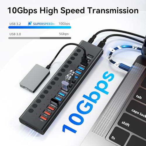 VANGREE Powered USB Hub 10Gbps, 17 Ports USB 3.2 Hub, 96W Power Adapter - color: Black