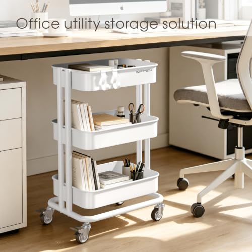 3 Tier Rolling Cart Metal Utility Cart with Lockable Wheels Home Office - color: White, size: Small