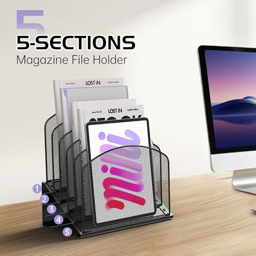 Sinboun Inclined Desk File Organizer Folder Holder with 5-Section, Black - color: Black, size: 5 Section