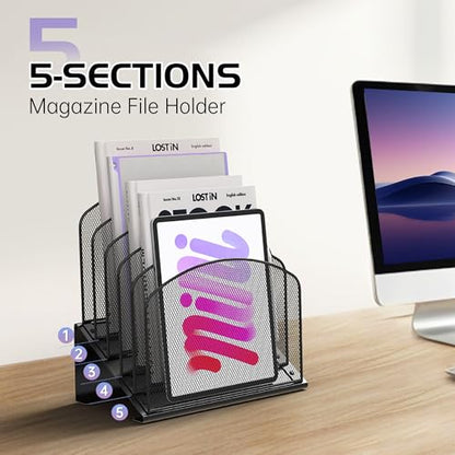 Sinboun Inclined Desk File Organizer Folder Holder with 5-Section, Black - color: Black, size: 5 Section
