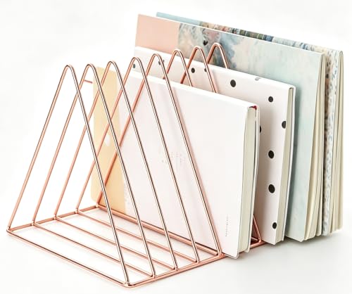 Sooyee 9 Slot Metal Record Holder Storage, Rose Gold | Magazine Holder, Book Album Display Rack, Desktop File Sorter Organizer, Triangle Bookshelf Decor for Home Office - color: Rose Gold