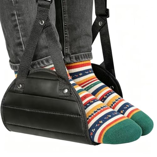 Airplane Foot Hammock, Adjustable Travel Foot Rest, Portable Plane Leg Rest with Soft Memory Foam, Lightweight Inflight Foot Sling for Long Flights, Office & Home Use, Include Storage Bag