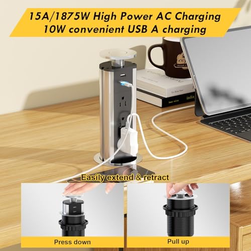 Pop up Outlet for Countertop, 3 AC Outlets & 2 USB-A, 3-1/4 Inch Silver | Recessed Power Strip, 2 USB-A Ports, 3 Sockets, for Desktop, Kitchen Countertop, Home Office - color: Silver