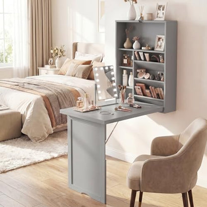 Tangkula Folding Wall Mounted Desk, Convertible Fold Out Floating Table with Storage Shelves, Space-Saving Drop Leaf Table, Murphy Desk for Craft, Study, Small Spaces, Home Office, Dorm, Grey - color: Grey