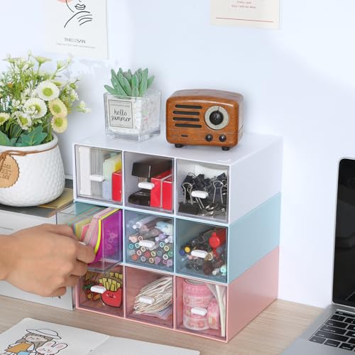 Desktop Organizer With 9 Drawers, Pencil Box, Stationary Organizer | 3 Tiers Mix Colors, Plastic Mini Drawers, Small Pen Storage Boxes, Toolbox, Stackable Makeup Organizer, Stationary Organizer - color: 3 Tall Layers & 9 Drawers, Mixed Colors