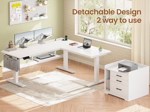 SEDETA L Shaped Electric Standing Desk with File Cabinet, 63 x 53'' Height Adjustable Home Office Computer Desk with Drawers, Power Outlet, Stand up Gaming Table with Led Lights, Keyboard Tray, White - color: White, size: 63 x 53'' L Shaped Standing Desk