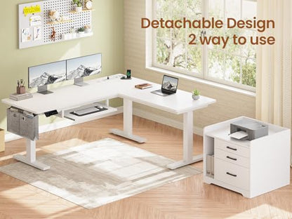 SEDETA L Shaped Electric Standing Desk with File Cabinet, 63 x 53'' Height Adjustable Home Office Computer Desk with Drawers, Power Outlet, Stand up Gaming Table with Led Lights, Keyboard Tray, White - color: White, size: 63 x 53'' L Shaped Standing Desk