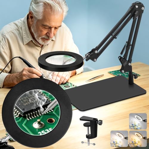 KIRKAS Magnifying Glass with Light and Stand, 12X 11in Clamp & Base | Magnifier Adjustable Color Dimmable for Craft Hobby Repair Sewing Beading Close Work, LED Lighted Desk Lamp Swivel Arm Black - color: Black, size: 12X-11in 2-in-1