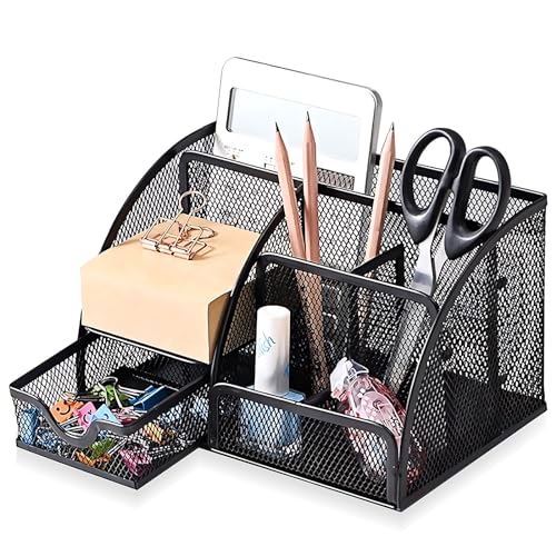 Mesh Desk Organizer, Desktop Organizer with Drawer, Office Supplies Multi-Functional Caddy, Metal Stationary Black Desk Caddy, with 6 Compartments and 1 Drawer for Home, School, Workshop, kitchen - color: G-Black2