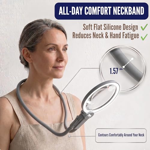 MAGNIPROS Hands-Free Magnifying Glass with Light for Seniors, 5X/10X Rechargeable GooseNeck Magnifier, 3 Color Light Modes, LCD Display, Reading, Sewing, Crafts