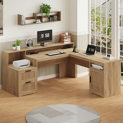 63" Fluted L Shaped Desk with Drawers & Printer Shelf for Home Office - color: Oak
