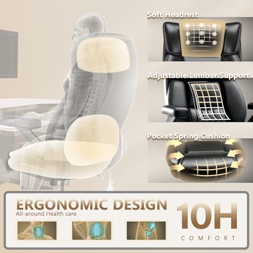 650LBS Large Heavy Duty Executive Office Chair with 5D Flip Arms and Pocket Spring Cushion, Ergonomic Big and Tall Desk Chair with Lumbar Support,High Back PU Leather Computer Chair - color: Pu Leather-black