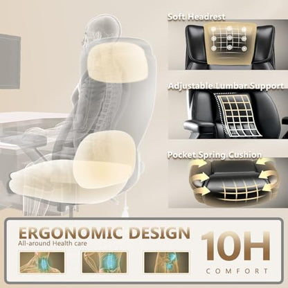 650LBS Large Heavy Duty Executive Office Chair with 5D Flip Arms and Pocket Spring Cushion, Ergonomic Big and Tall Desk Chair with Lumbar Support,High Back PU Leather Computer Chair - color: Pu Leather-black