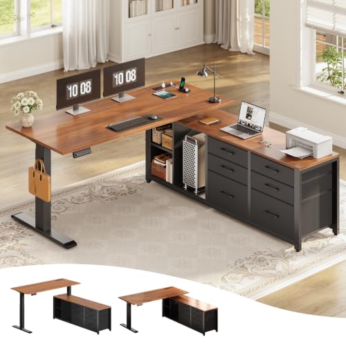 SEDETA L Shaped Electric Standing Desk, 55" x 55" Height Adjustable Corner Office Desk with 6 Fabric Drawers and Storage Shelves, Stand up Home Office Desk with Power Outlet, Black and Brown - color: Black + Brown