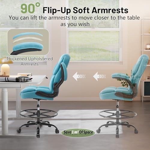 500LBS Drafting Chair, High Back Safer Standing Desk Chair, Executive Tall Office Chair with Flip-up Armrests, Upholstered Fabric Task Chair, Ergonomic Seat with Adjustable Height&Foot Ring, Blue - color: Blue