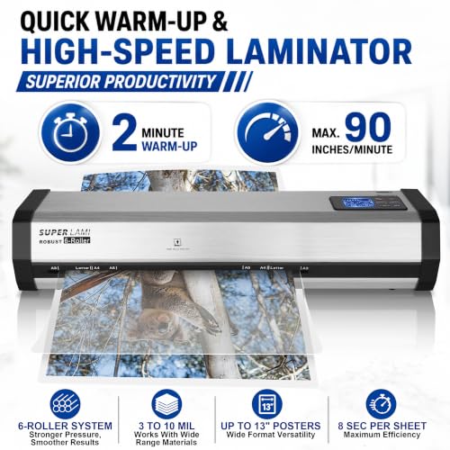 SINCHI Robust 6-Roller Laminator Machine with LCD Display, 3-10 Mil, Heavy Duty, 13-inch Thermal Laminating Machine for Commercial Use, 1.5-Minute Warm-up, 90 Inches/Minute, 105 Settings & 99 Memories